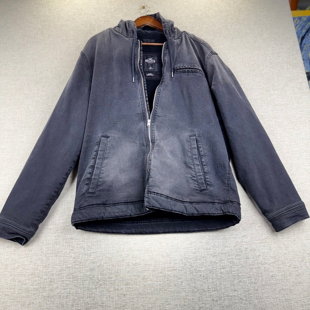 Hollister Men XL Faded Black Denim Sherpa Lined Hooded Jacket Y2K  Distressed